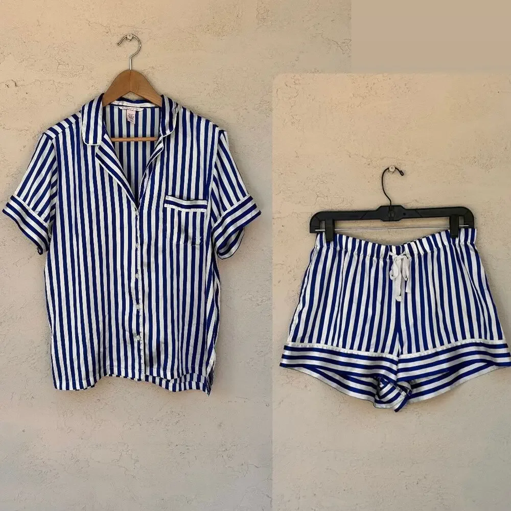 Victoria’s Secret Blue White Striped Satin Pajama Set Medium